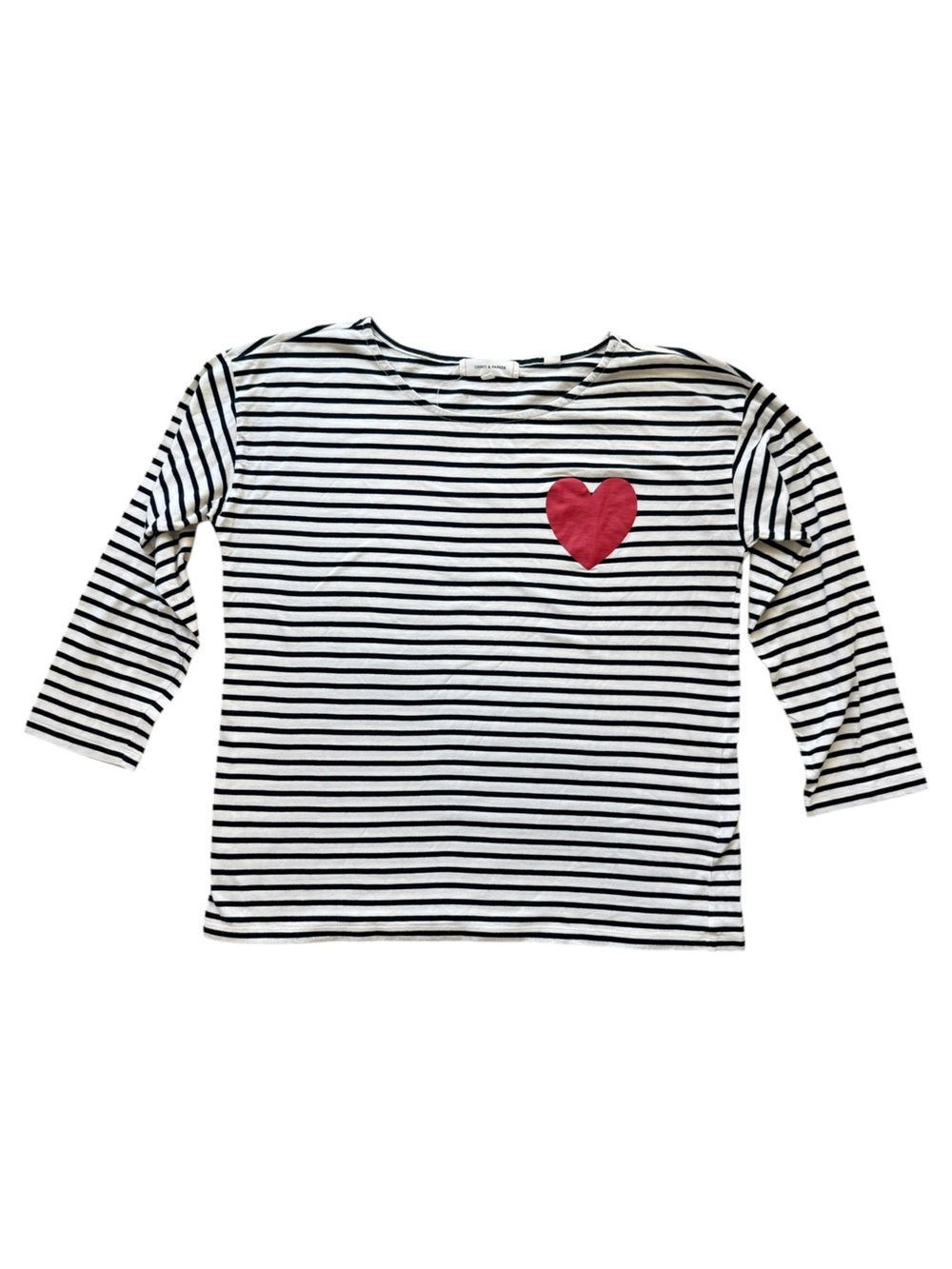 Chinti & Parker Black and White Striped Long Sleeve Top with Red Heart M